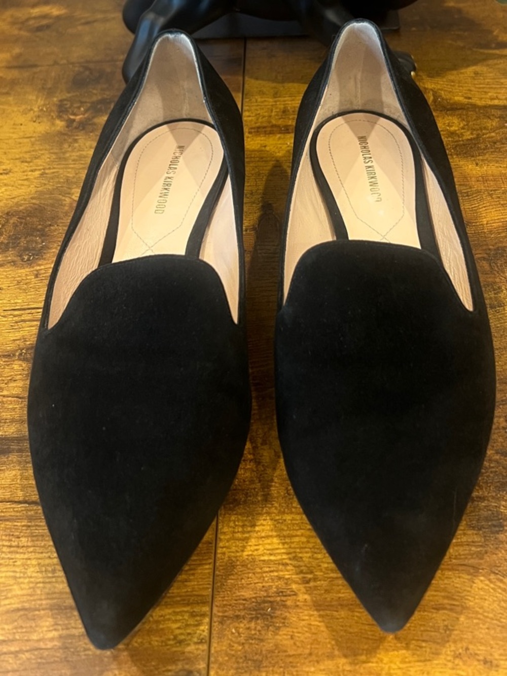Nicholas Kirkwood Black Suede Pointed Pearl-Embellished Flats